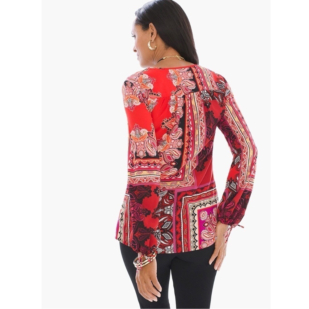 Chico’s Red Patchwork Paisley Peasant Blouse Split Neck Boho Scarf Print Top XL - Picture 2 of 14
